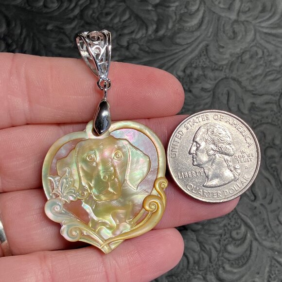 Butterfly And Labrador Retriever Carved Mother of Pearl Heart Pendant - Picture 7 of 9